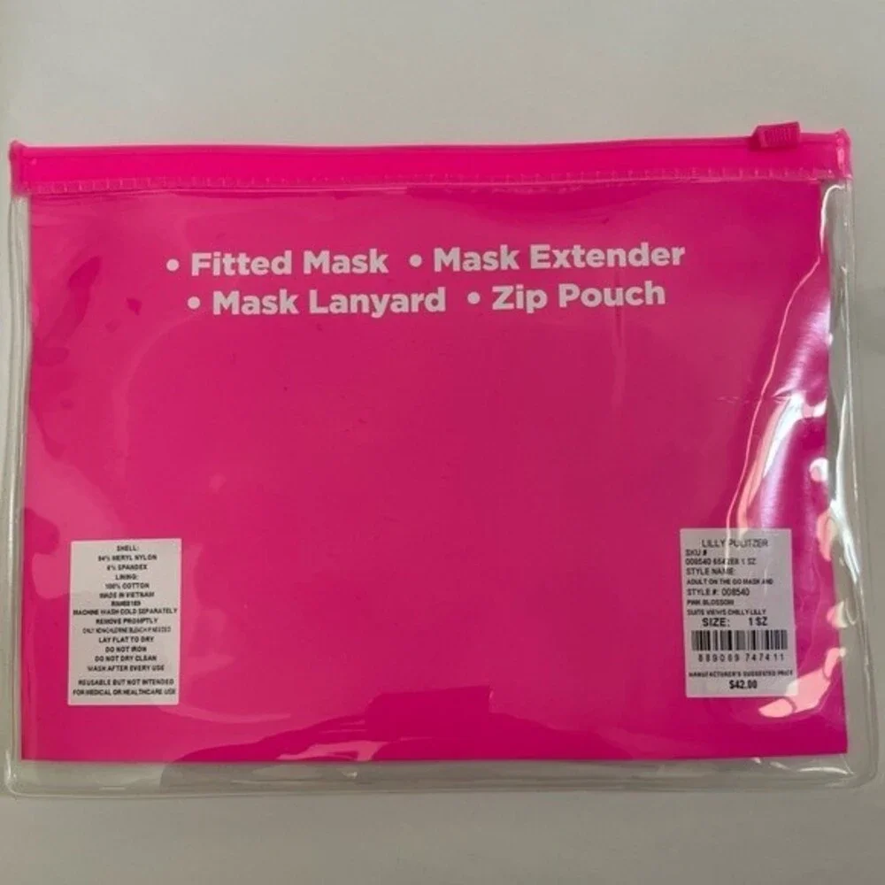 Lilly Pulitzer Adult On The Go Face Mask Set Pouch, Lanyard, Extender Pink